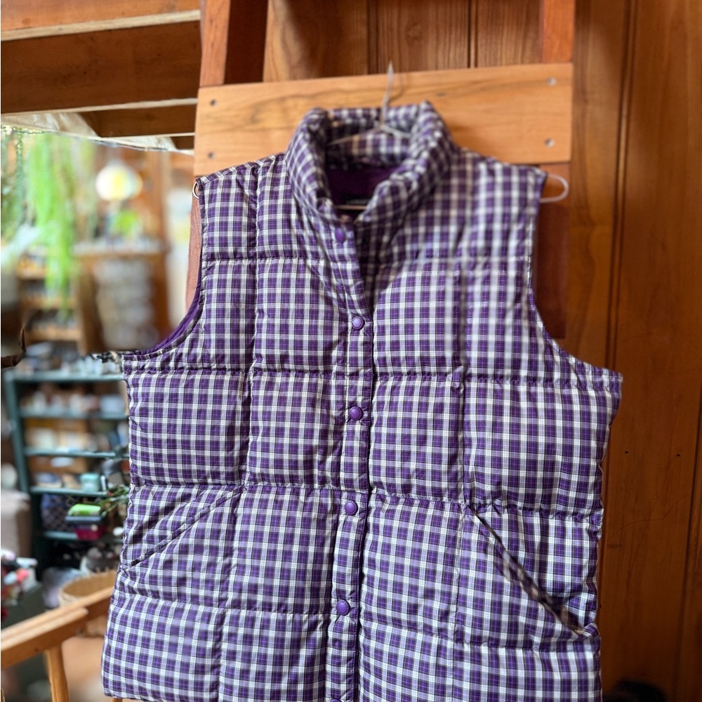Lands' End DOWN Vest. Purple Checkered Women's plaid Snap Button Down.